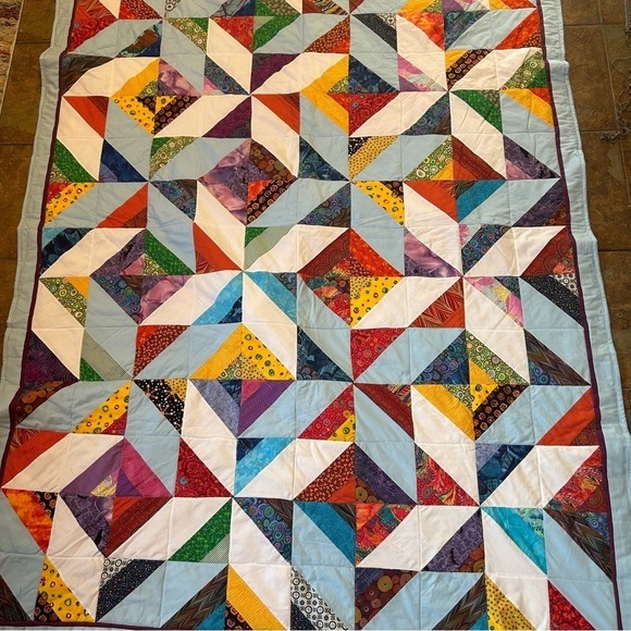 Other - Handmade Quilt Full Triangles Hearts Cotton 80x59” Multicolor Farmhouse Rustic